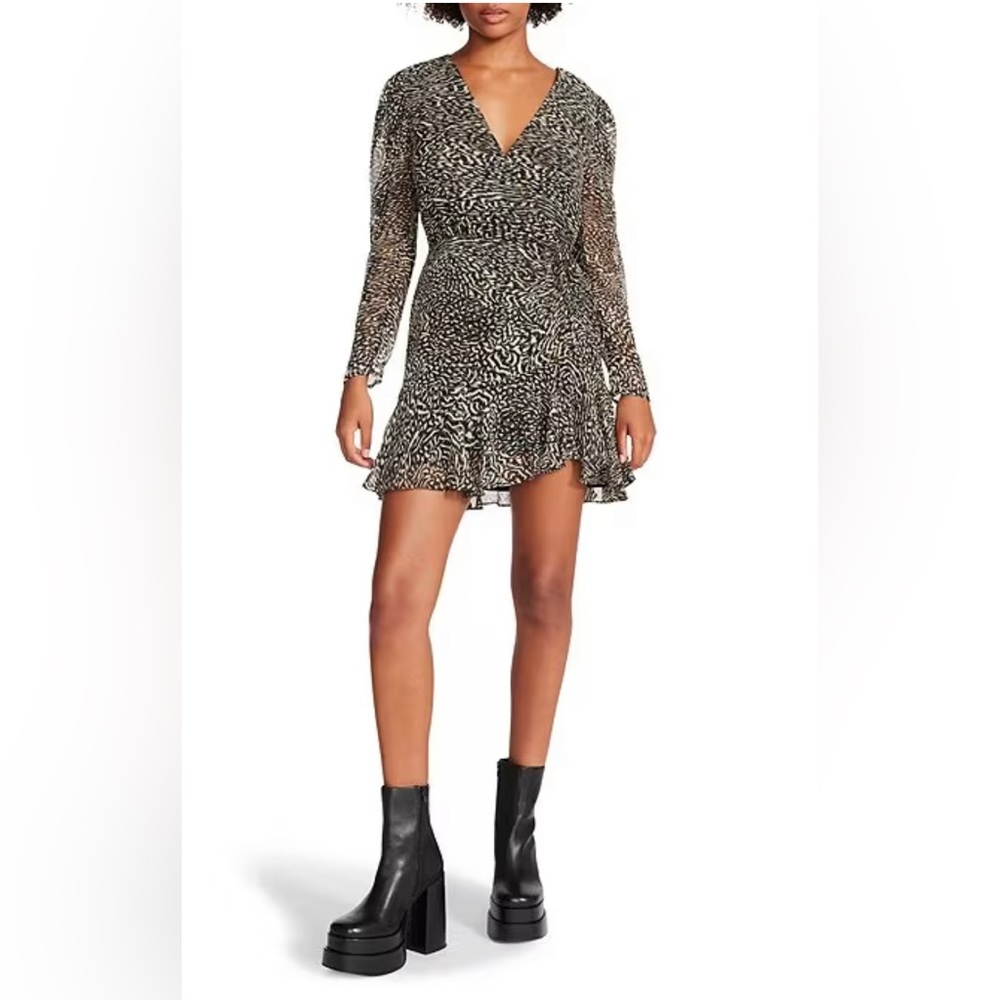 203. Steve Madden Nyla Animal Print V-Neck Tiered Ruffle Chiffon Dress 0